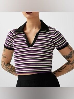 Purple Stripe Polo Crop Top with Black, Purple and Green Trim